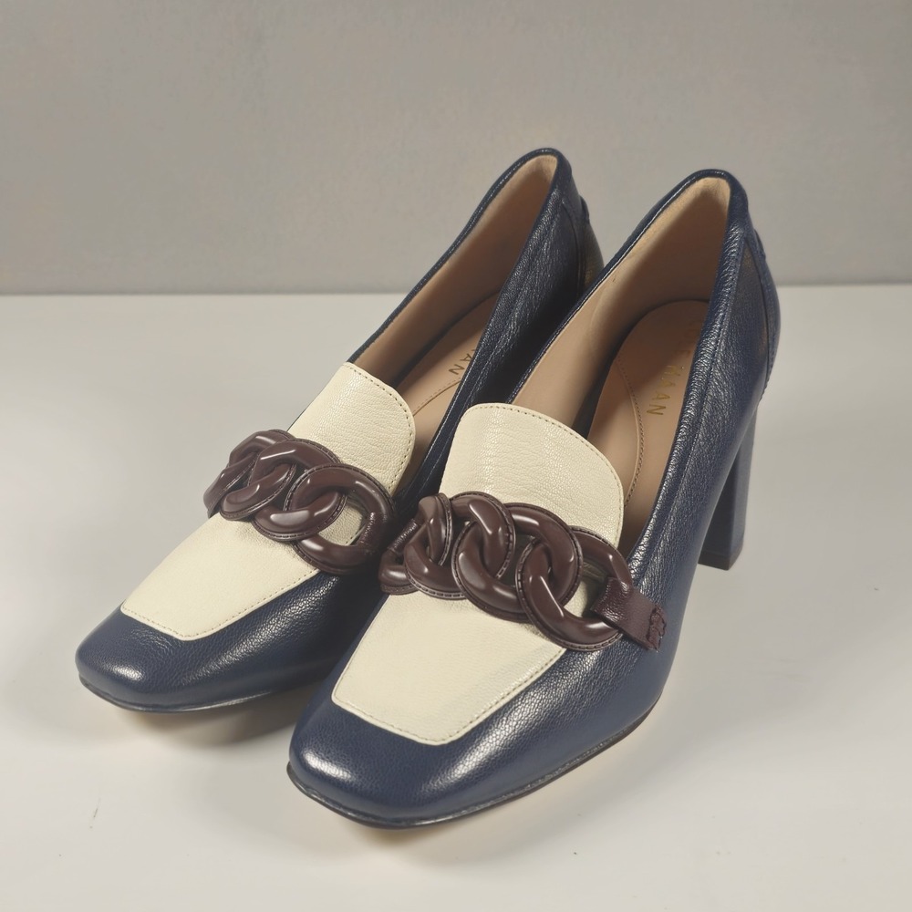 Cole Haan Chrystie Women's 7B Navy Ivory Leather Chain Loafer‎ Pumps Block Heel